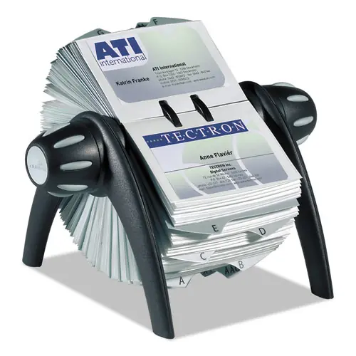 Durable® VISIFIX Flip Rotary Business Card File, Black/Silver, Plastic, 8.75" x 7.13" x 8.06"