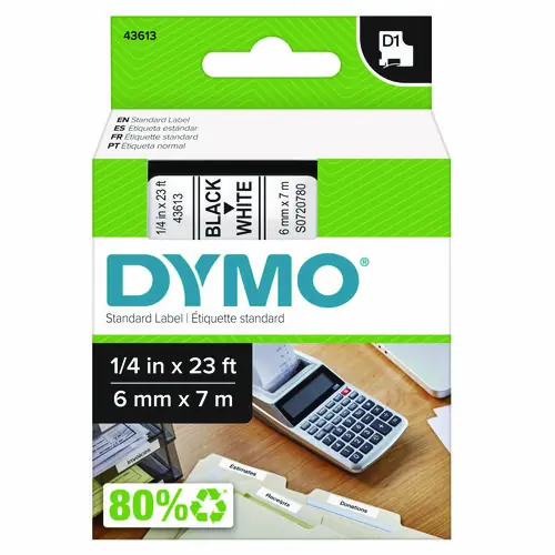 DYMO® D1 High-Performance Polyester Removable Label Tape, 0.25" x 23 ft, Black on White