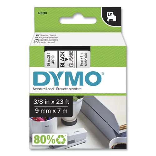 DYMO® D1 High-Performance Polyester Removable Label Tape, 0.37" x 23 ft, Black on Clear