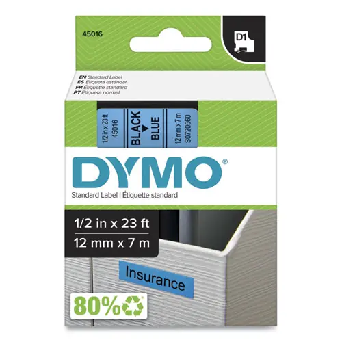 DYMO® D1 High-Performance Polyester Removable Label Tape, Black on Blue, 0.5" x 23 ft