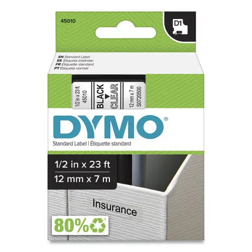 DYMO® D1 High-Performance Polyester Removable Label Tape, 0.5" x 23 ft, Black on Clear