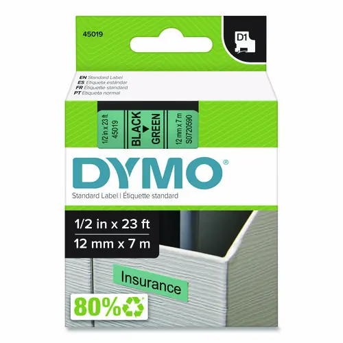DYMO® D1 High-Performance Polyester Removable Label Tape, 0.5" x 23 ft, Black on Green
