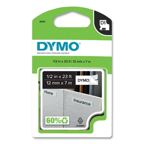 DYMO® D1 High-Performance Polyester Removable Label Tape, 0.5" x 23 ft, Black on White
