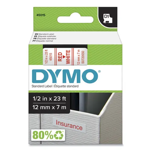 DYMO® D1 High-Performance Polyester Removable Label Tape, 0.5" x 23 ft, Red on White