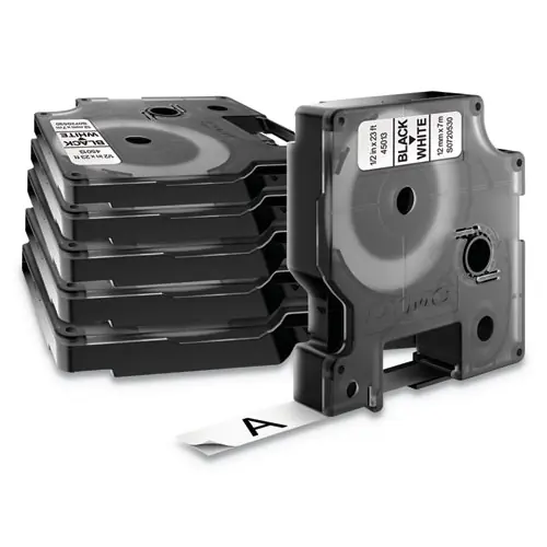 DYMO® D1 Standard Labels, 0.5" x 23 ft, Black Print on White Tape, 6/Pack