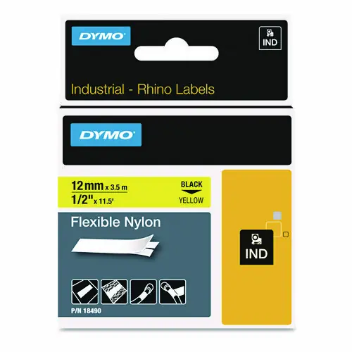DYMO® Rhino Flexible Nylon Industrial Label Tape, 0.5" x 11.5 ft, Yellow/Black Print