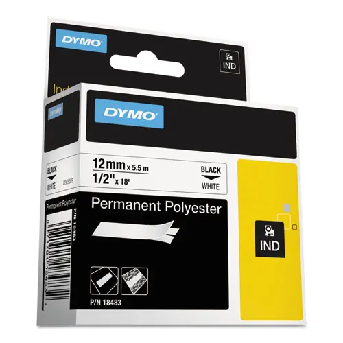 DYMO® Rhino Permanent Poly Industrial Label Tape, 0.5" x 18 ft, White/Black Print