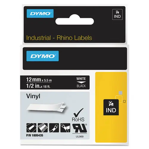 DYMO® Rhino Permanent Vinyl Industrial Label Tape, Black/White, 0.5" x 18 ft