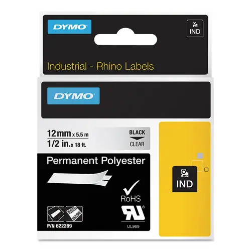 DYMO® Rhino Permanent Vinyl Industrial Label Tape, Clear with Black Print, 0.5" x 18 ft