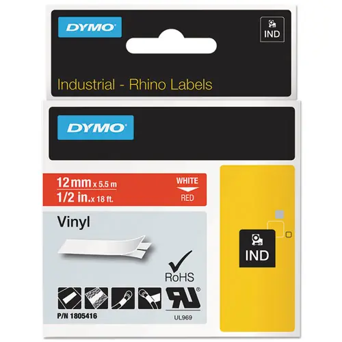 DYMO® Rhino Permanent Vinyl Industrial Label Tape, 0.5" x 18 ft, Red/White Print