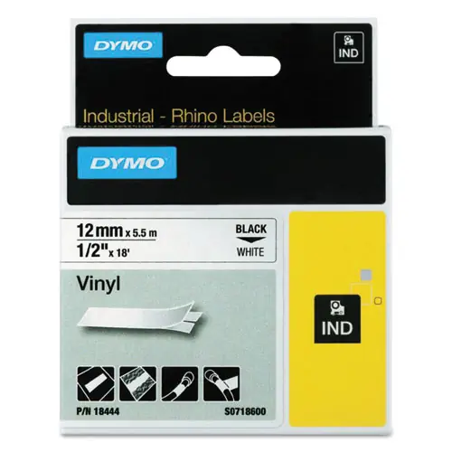DYMO® Rhino Permanent Vinyl Industrial Label Tape, White with Black Print, 0.5" x 18 ft