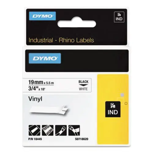 DYMO® Rhino Permanent Vinyl Industrial Label Tape, White with Black Print, 0.75" x 18 ft