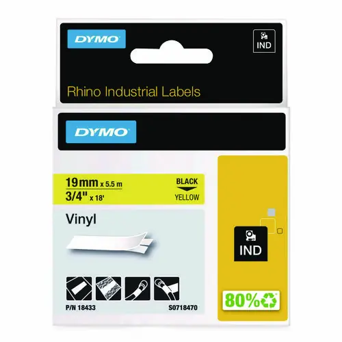 DYMO® Rhino Permanent Vinyl Industrial Label Tape, 0.75" x 18 ft, Yellow/Black Print