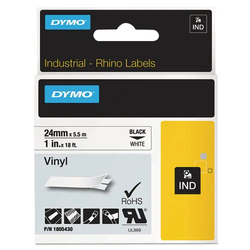 DYMO® Rhino Permanent Vinyl Industrial Label Tape, White with Black Print, 1" x 18 ft