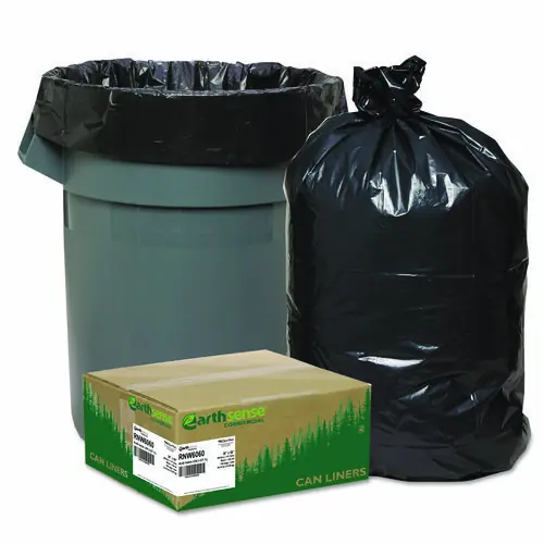 Earthsense® Commercial Linear Low Density Recycled Can Liners, 60 gal, Black, 10 Bags/Roll, 10 Rolls/Carton