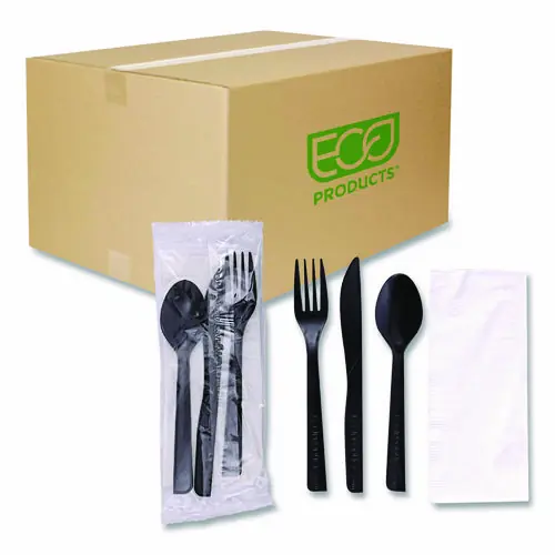 Eco-Products® 100% Recycled Content Cutlery Kit, Heavyweight Fork/Knife/Soup Spoon/Spoon, Plastic, Black, 250/Carton