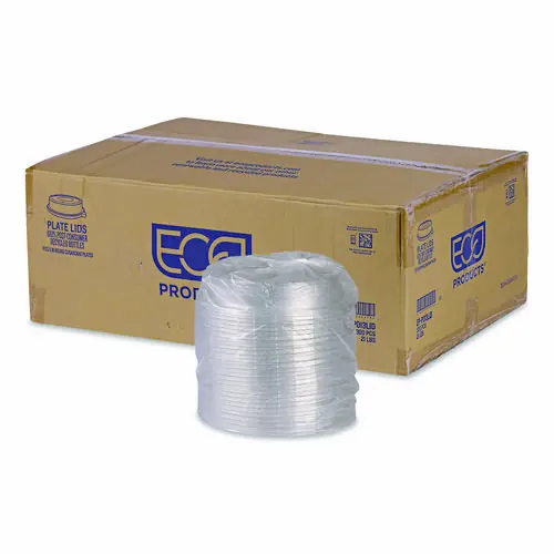 Eco-Products® 100% Recycled Content Round Plate Lids, Plastic, 9" dia x 1.5" h, Clear, 300/Carton