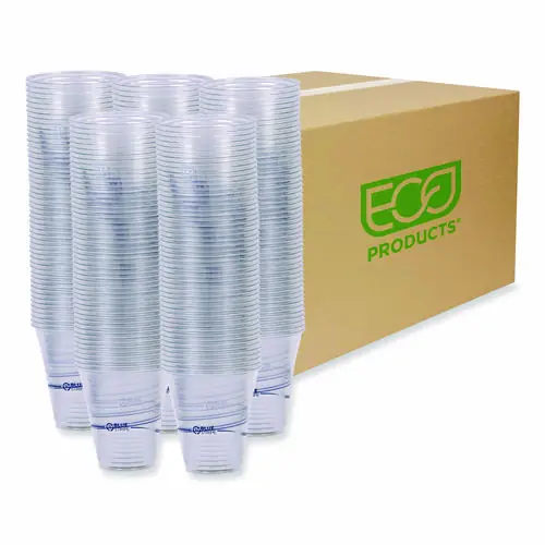 Eco-Products® BlueStripe 25% Recycled Content Cold Cups, 12 oz, Plastic, Clear/Blue, 50/Pack, 20 Packs/Carton