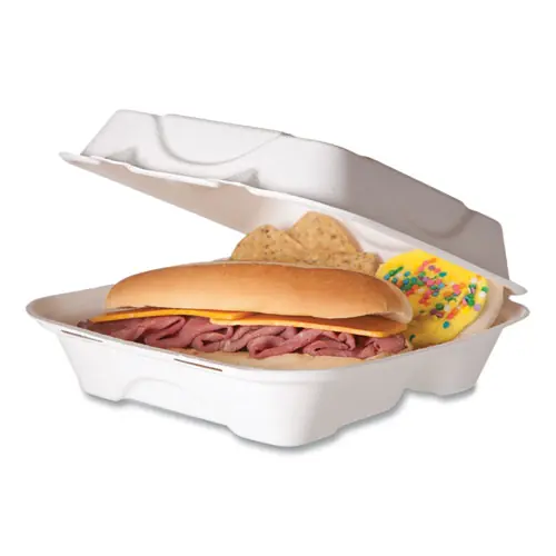 Eco-Products® Molded Fiber Hinged Clamshell Containers, 3 Compartments, 8" x 8" x 3", White, Sugarcane, 50/Pack, 4 Packs/Carton