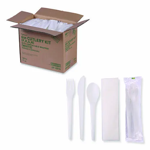 Eco-Products® Plantware Compostable Cutlery Kit, Fork/Knife/Napkin/Spoon, Pearl White, 250 Kits/Carton