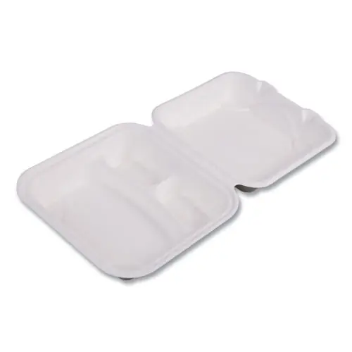 Eco-Products® Vanguard Renewable and Compostable Sugarcane Clamshells, 3 Compartments, White, 200/Carton