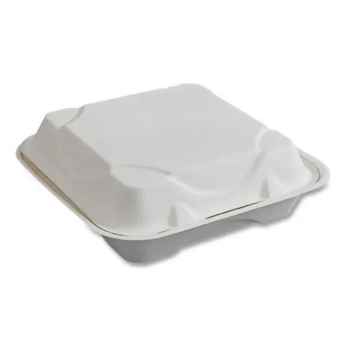 Eco-Products® Vanguard Renewable and Compostable Sugarcane Clamshells, 9 x 9 x 3, White, 200/Carton