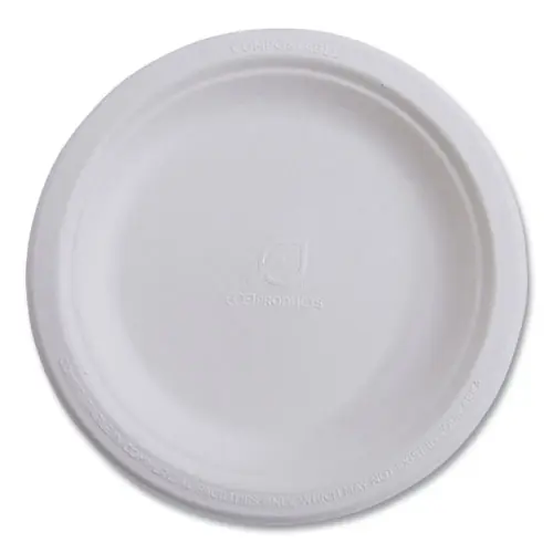 Eco-Products® Vanguard Renewable and Compostable Sugarcane Plates, 10" dia, White, 500/Carton