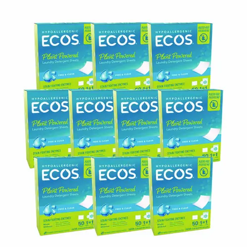 ECOS® Liquidless Laundry Detergent Sheets, Free and Clear, 50 Sheets/Pack, 10 Packs/Carton