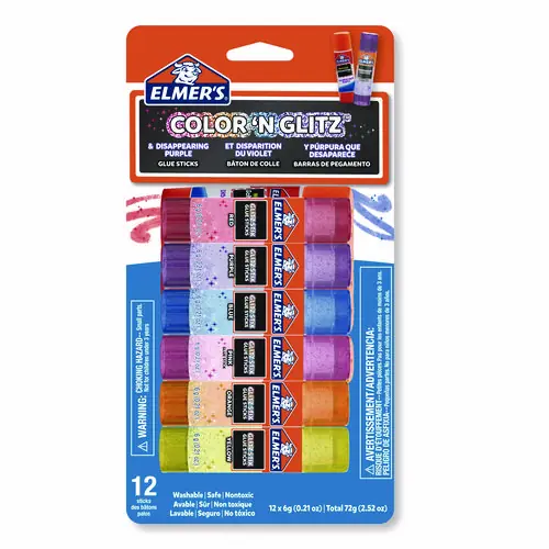 Elmer's® Glitter Glue Sticks, Assorted Colors, 0.21 oz, Dries Clear, 12 Pack
