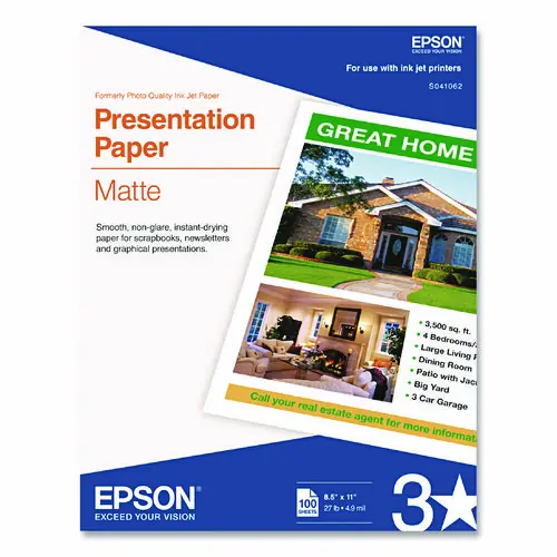 Epson® Matte Presentation Paper, Matte Bright White, 8.5 x 11, 100 Sheets