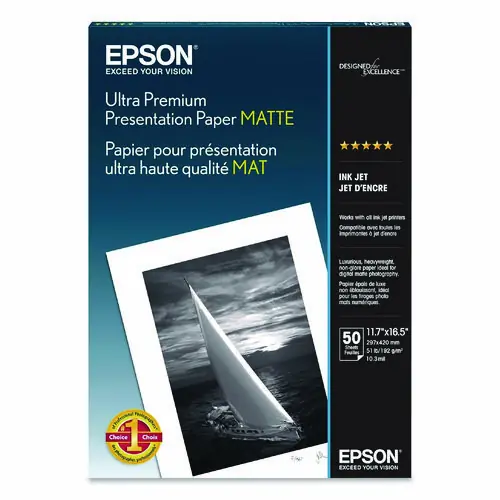 Epson® Ultra Premium Matte Presentation Paper, 11.75 x 16.5, White, 50/Pack