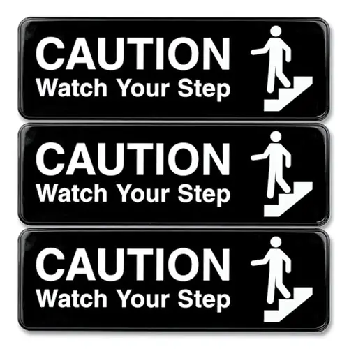 Excello Global Products® Caution Watch Your Step Indoor/Outdoor Wall Sign, Black with White Graphics, 3/Pack