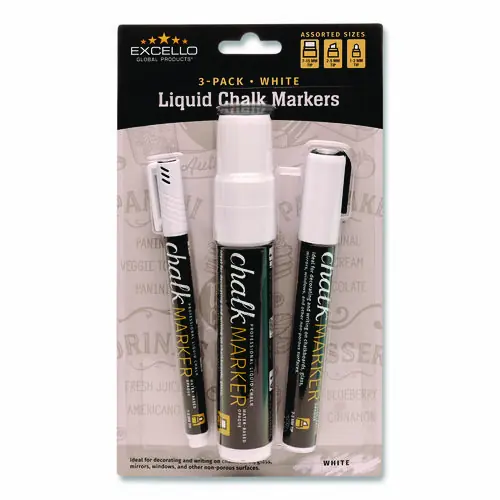 Excello Global Products® Liquid Chalk Markers, White, Assorted Tip Sizes & Types, 3/Pack