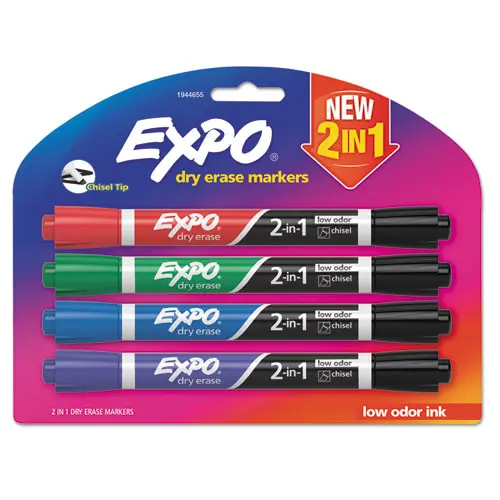 EXPO® 2-in-1 Dry Erase Markers, Fine/Broad Chisel Tips, Assorted Primary Colors, 4/Pack