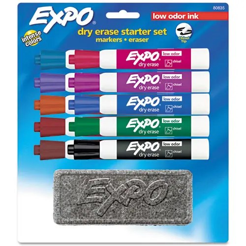 EXPO® Low-Odor, Dry Erase 10-Color Marker and Eraser Set, Broad Chisel Tip, Assorted Colors, 10/Set