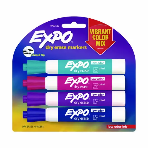 EXPO® Low-Odor Dry Erase Marker, Broad Chisel Tip, Assorted Colors, 4/Pack