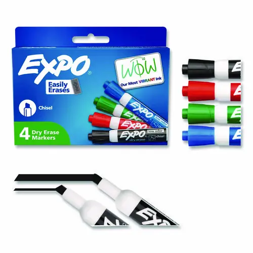 EXPO® Low-Odor Dry-Erase Marker, Broad Chisel Tip, Assorted Colors, 4/Set