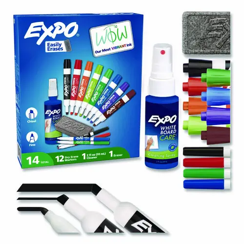 EXPO® Low-Odor Dry Erase Marker, Eraser and Cleaner Kit, Assorted Colors, 12/Set