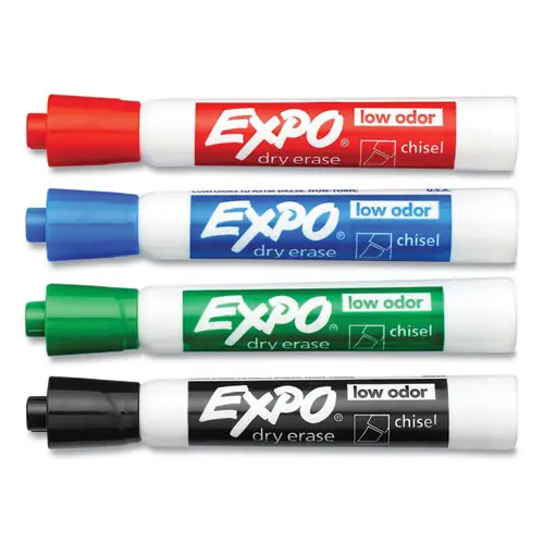 EXPO® Low-Odor Dry-Erase Marker, Broad Chisel Tip, Assorted Colors, 4/Pack