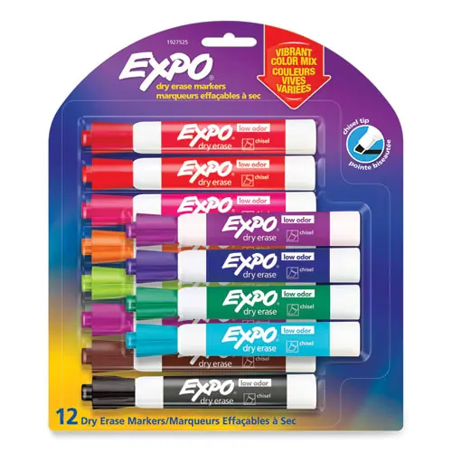 EXPO® Low Odor Dry Erase Vibrant Color Markers, Broad Chisel Tip, Assorted Colors, 12/Set