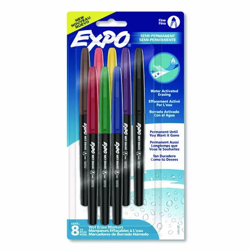 EXPO® Wet Erase Markers, Fine Needle Tip, Assorted Colors, 8/Pack