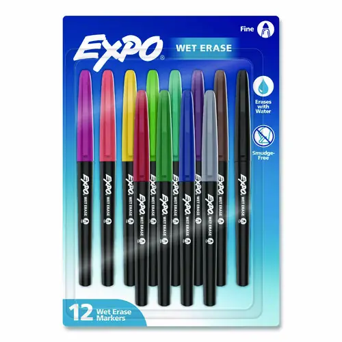 EXPO® Wet Erase Markers, Fine Needle Tip, Assorted Colors, 12/Pack