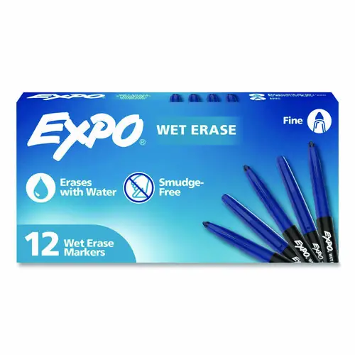 EXPO® Wet Erase Markers, Fine Needle Tip, Blue, 12/Pack