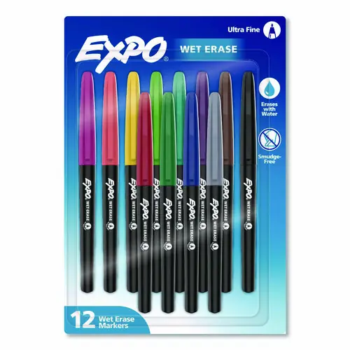 EXPO® Wet Erase Markers, Ultra Fine Needle Tip, Assorted Colors, 12/Pack