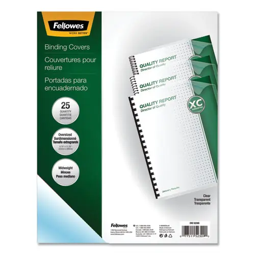 Fellowes® Crystals Transparent Presentation Covers for Binding Systems, Clear, Round Corners, 11.25 x 8.75, Unpunched, 25/Pack