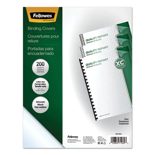 Fellowes® Crystals Transparent Presentation Covers, Clear, Square Corners, 11" x 8.5", Unpunched, 200/Pack