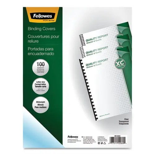 Fellowes® Crystals Transparent Presentation Covers for Binding Systems, Clear, Square Corners, 11 x 8.5, Unpunched, 100/Pack