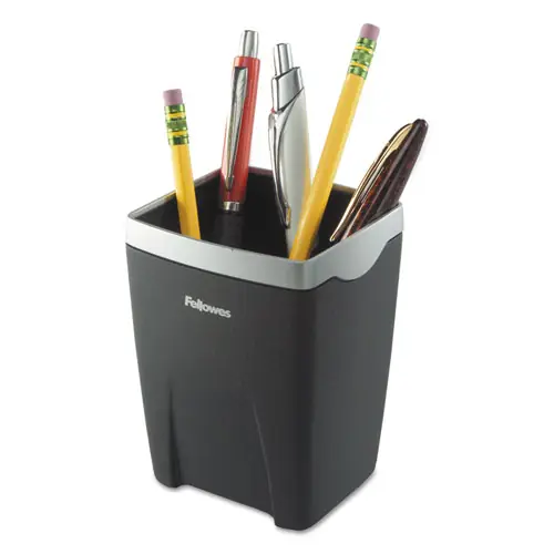 Fellowes® Office Suites Divided Pencil Cup, Black/Silver, 3.13" x 3.13" x 4.25"