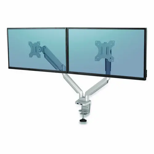 Fellowes® Platinum Series Dual Monitor Arm, Silver, Supports Dual 27" Monitors, 360° Rotation, 45° Tilt, 180° Pan