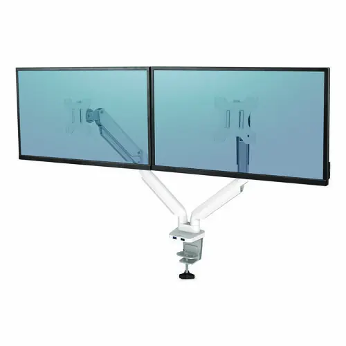 Fellowes® Platinum Series Dual Monitor Arm, White, Supports Monitors up to 27" and 20 lb, 360° Rotation, 45° Tilt, 180° Pan